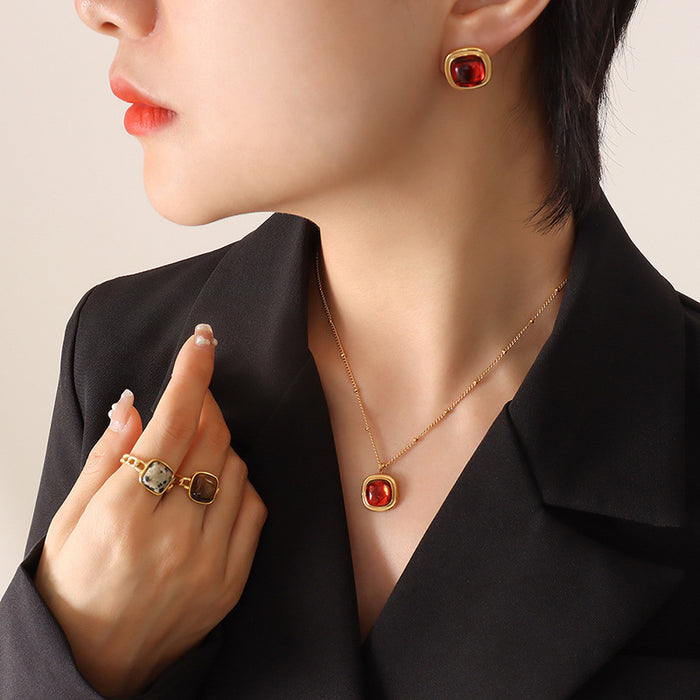 Cushion Crystal Pendant Necklace Stud Earrings Red Blue