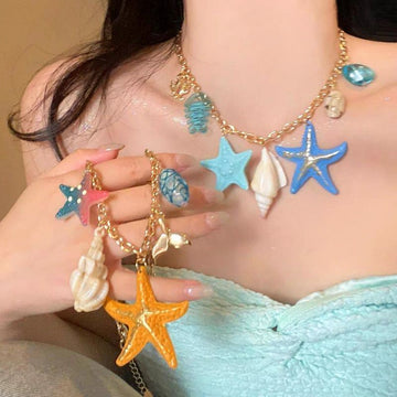 Colorful Starfish and Seashell Charm Chain Necklace
