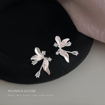 Silver Pink Flower Clear Stone Drop Earrings Pair Set