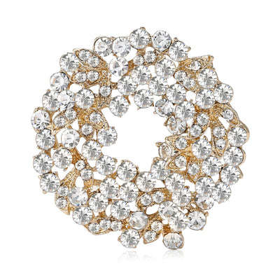 Front view of wide circular wreath formed from overlapping rows of clear crystals