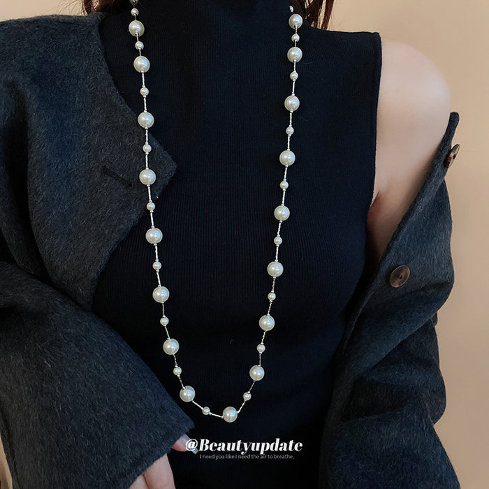 White Multi Size Pearl Bar Link Long Layer Necklace