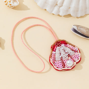Beaded Sequin Scallop Shell Pendant Necklace With Pearl