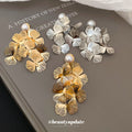 Metal Petal Long Drop Stud Earrings In Gold And Silver view 2