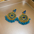 Ornate Round Beaded Drop Earrings in Blue and White view 6