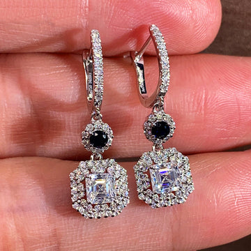Black Round Stone and Square Halo Long Drop Earrings in Silver Tone