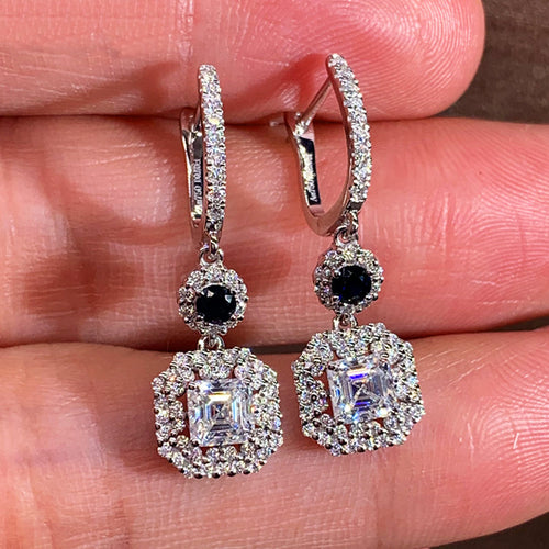Black Round Stone and Square Halo Long Drop Earrings in Silver Tone shown in product close-up