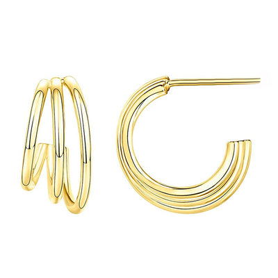 Front product view of gold tone triple wire hoop earrings with layered open design