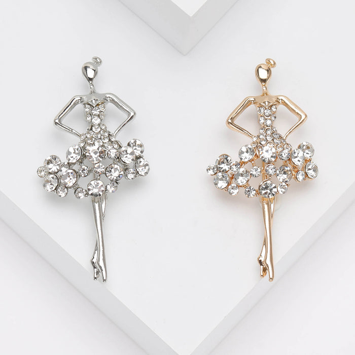 Crystal Skirt Ballerina Brooch in Gold or Silver Tone