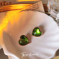 Gold Green Glass Heart Stud Earrings Textured Gold Rim view 2