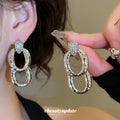 Gold Tone Textured Double Oval Crystal Drop Earrings view 4