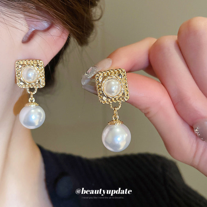 Gold Tone Square Pearl Drop Stud Earrings With Decorative Metal Accents