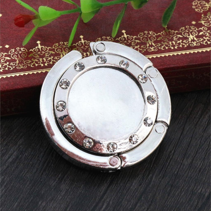 Round Folding Handbag Table Hook with Crystal Rim Setting