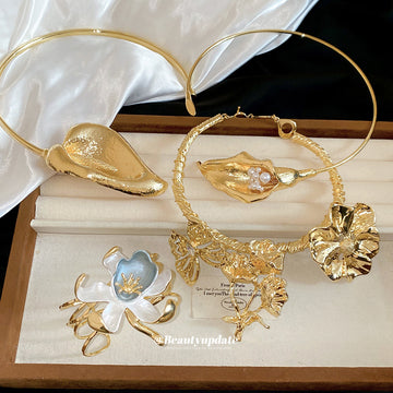 Gold Flower Collar Necklaces and Enamel Flower Cuff Bracelet