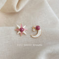 Gold Tone Pink Stone Sun And Moon Asymmetric Stud Earrings view 1