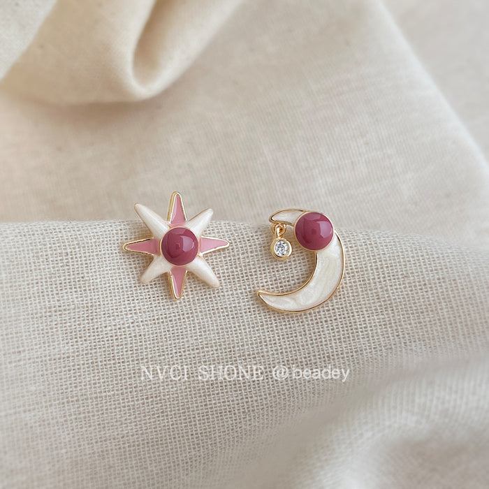 Gold Tone Pink Stone Sun And Moon Asymmetric Stud Earrings
