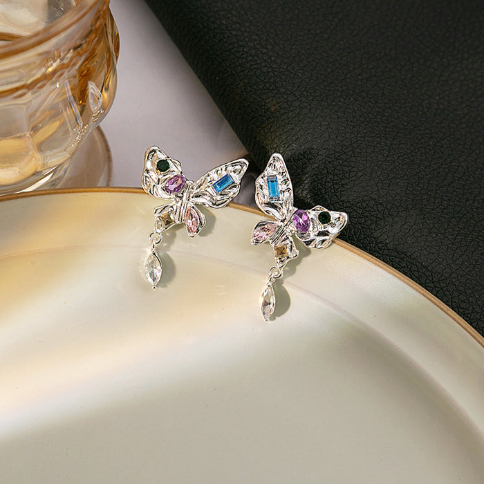 Silver Textured Butterfly Drop Earrings Multicolor Crystal Dangles