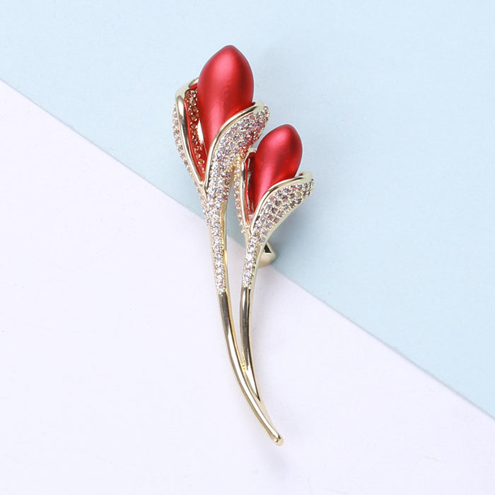 Red Tulip Dual Bloom Brooch Gold Stem Pave Rhinestone Edges