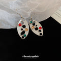 Multicolor Stone Openwork Leaf Drop Hook Earrings Statement Pair view 2