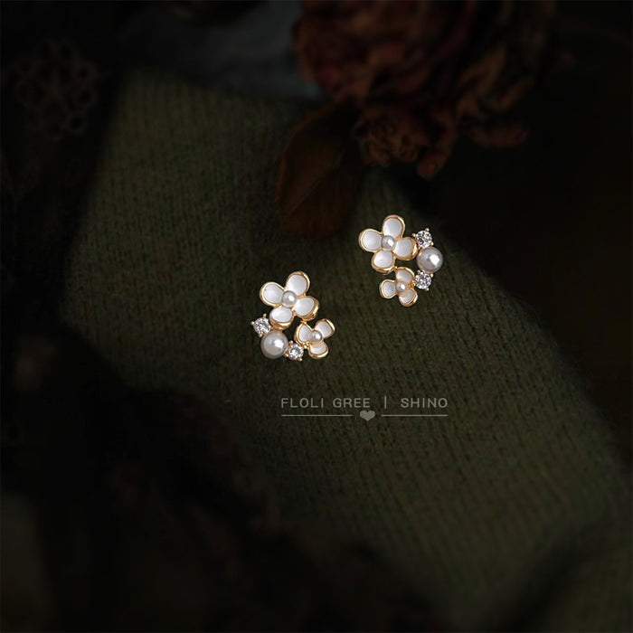 Gold Tone White Flower Pearl And Clear Stone Cluster Stud Earrings