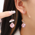 Pink Faceted Round Stone Silver Tone Long Threader Earrings view 1