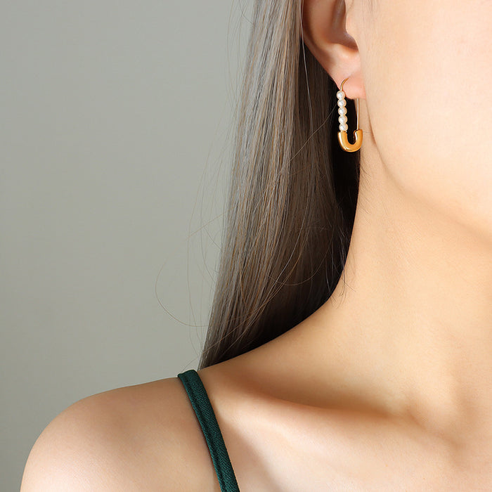 Safety Pin Style Faux Pearl Drop Earrings Gold Steel