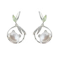 Silver Panda Pearl Bamboo Leaf Drop Earrings Green Stone view 5