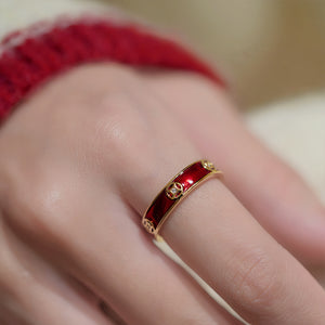 Gold Tone Red Enamel CZ Yuanbao Motif Open Band Ring
