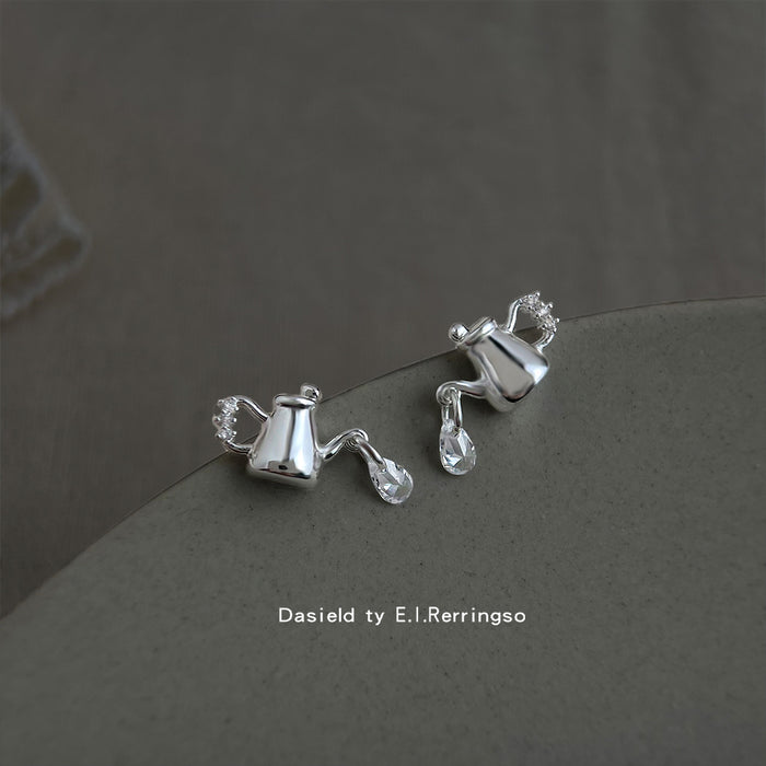 Silver Tone Teapot Cup And Clear Teardrop Asymmetric Stud Earrings