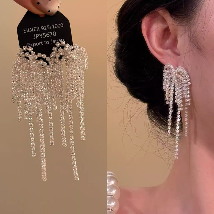 Gold And Silver Crystal Chain Fringe Stud Earrings