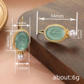Gold Tone Green Oval Carved Pearl Drop Hook Earrings view 4