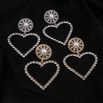 Large Hollow Heart Rhinestone Drop Earrings Round Crystal Studs