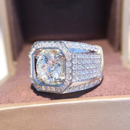 Second product view showing silver-tone round clear center square-frame wide signet ring