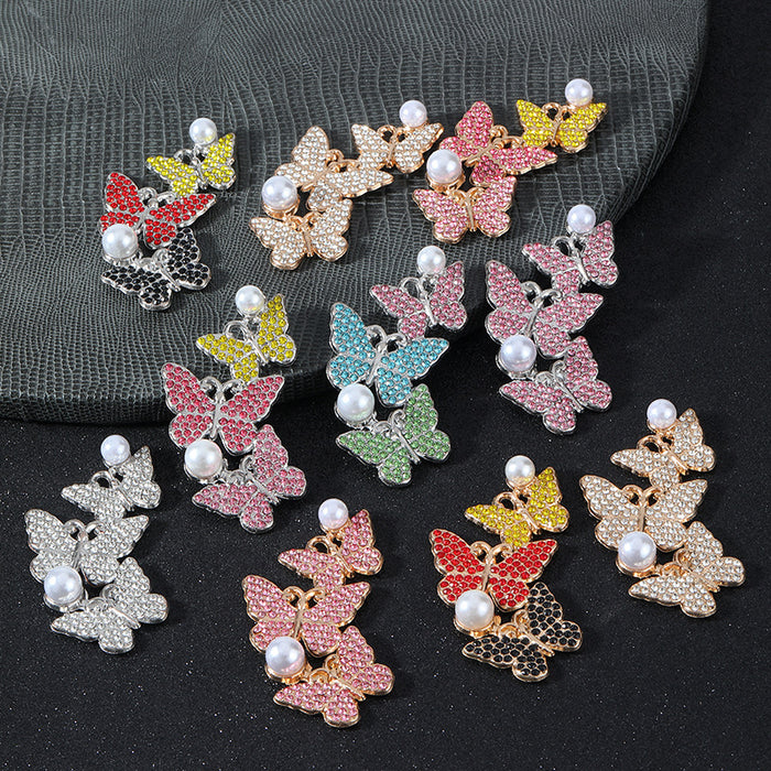 Rhinestone Triple Butterfly Cluster Pendant With Faux Pearl