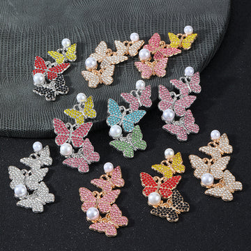 Triple Butterfly Rhinestone Pendant with White Pearl Drop