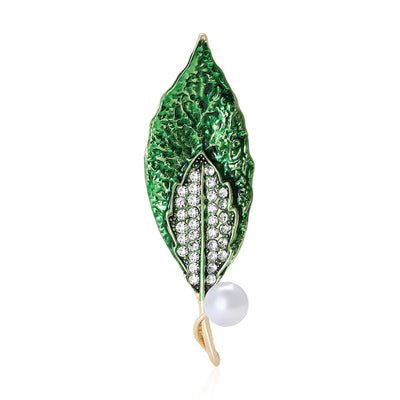Main front view of Crystal Leaf Brooch With Pearl Drop In Green And Blue