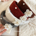 Gray Wool Blend Flower Pearl Wide Padded Headband Band view 2