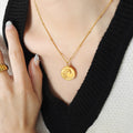 Round Wave Coin Pendant Necklace Gold or Steel Tone view 1