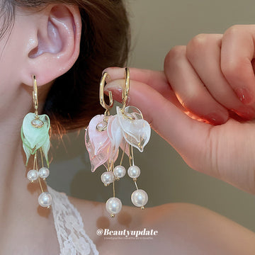 Translucent Flower and Pearl Drop Earrings in Pink and White