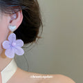 Purple Fabric Flower Drop Stud Earrings With Heart Tops view 3
