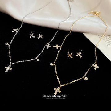 Gold Silver Cross Pendant Necklace Matching Stud Sets