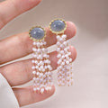 Purple and Blue Gray Cabochon Pearl Tassel Drop Earrings view 7
