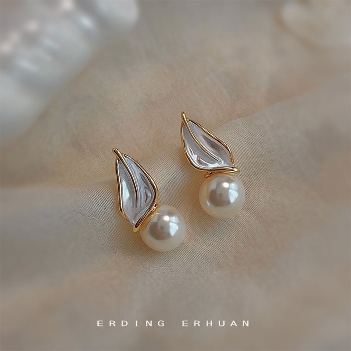 Gold Tone Translucent Leaf And White Pearl Stud Earrings