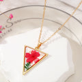 Gold Tone Triangle Red Pressed Flower Pendant Necklace and Stud Earrings view 2