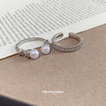 Silver Dual Pearl Open Ring CZ Pave Band Two Piece Set view 4
