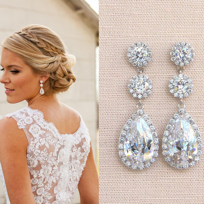 Silver Clear Triple Halo Teardrop Bridal Drop Earrings