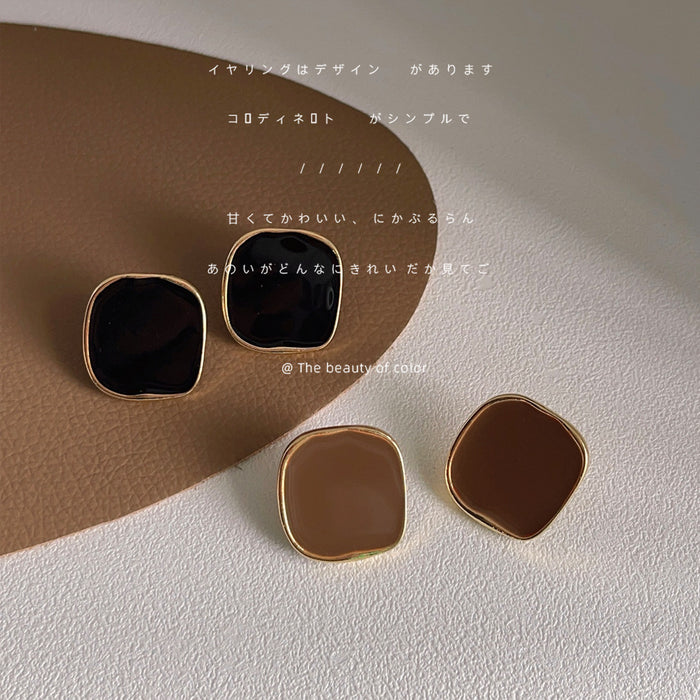 Gold Rim Irregular Square Enamel Stud Earrings Khaki Black
