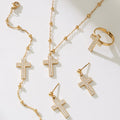 Gold Stainless Steel Zircon Cross Necklace Bracelet Ring Earrings view 1
