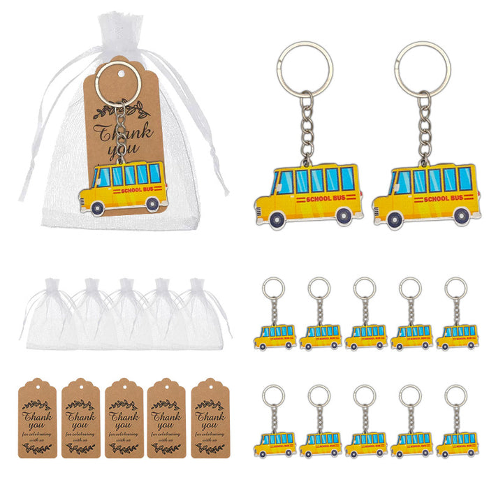 Yellow School Bus Wood Print Keychain Blue Windows
