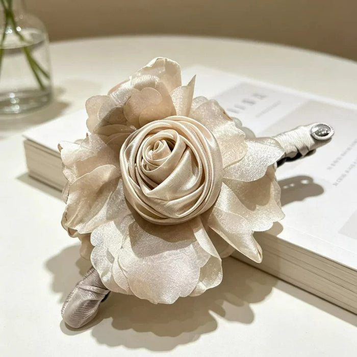 Champagne Satin Fabric Rose Flower Claw Hair Clip Piece