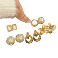 Gold Pearl Flower Geometric Stud Earring Five Pair Set view 5